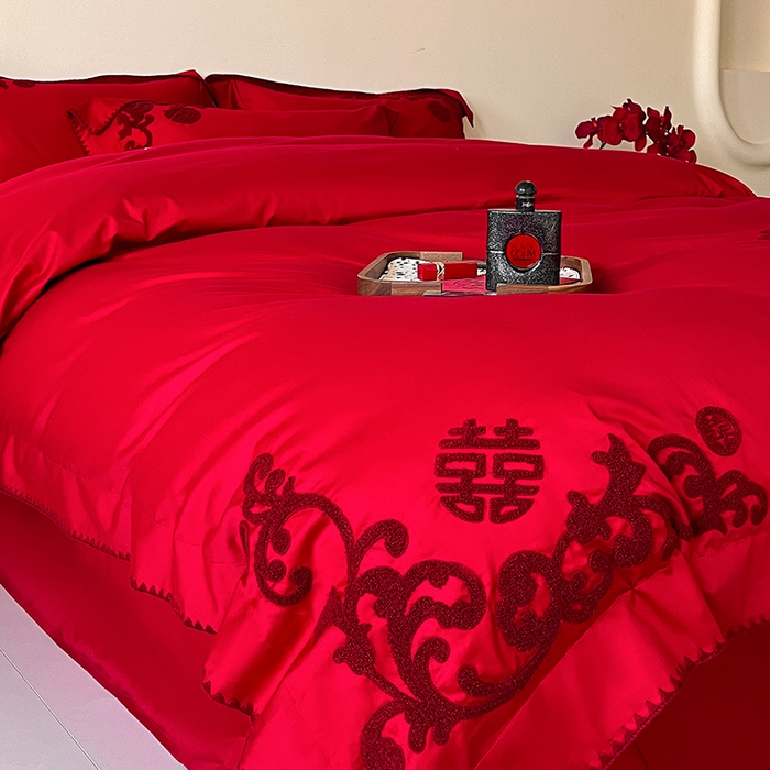 91家纺网 家纺一手货源 找家纺 置顶家纺 2025新款亲肤磨毛刺绣婚庆四件套系列-实拍 囍祥-大红