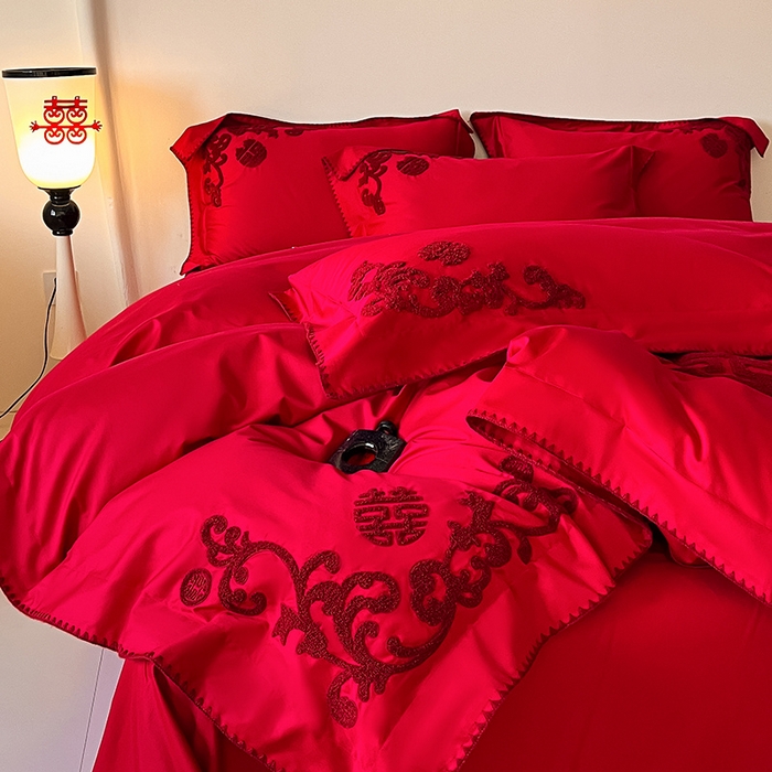 91家纺网 家纺一手货源 找家纺 置顶家纺 2025新款亲肤磨毛刺绣婚庆四件套系列-实拍 囍祥-大红