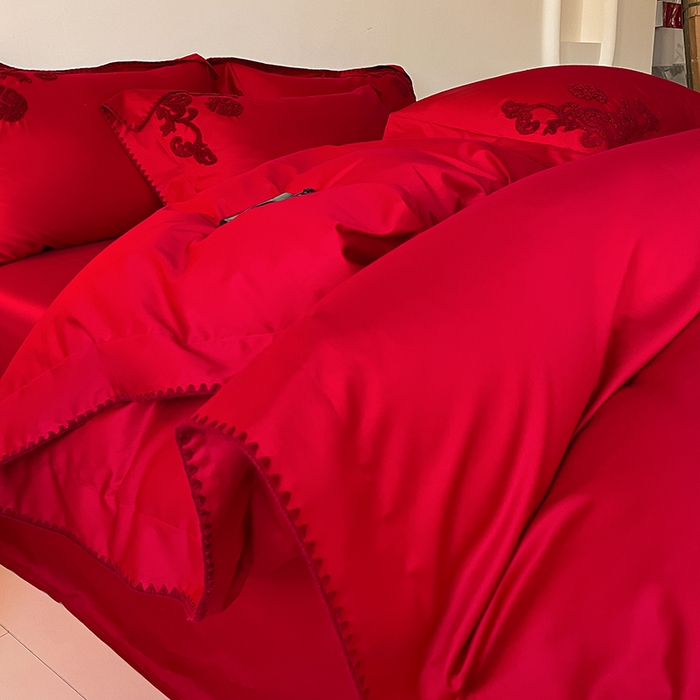 91家纺网 家纺一手货源 找家纺 置顶家纺 2025新款亲肤磨毛刺绣婚庆四件套系列-实拍 囍祥-大红