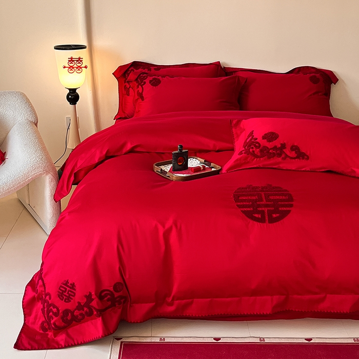 91家纺网 家纺一手货源 找家纺 置顶家纺 2025新款亲肤磨毛刺绣婚庆四件套系列-实拍 囍祥-大红