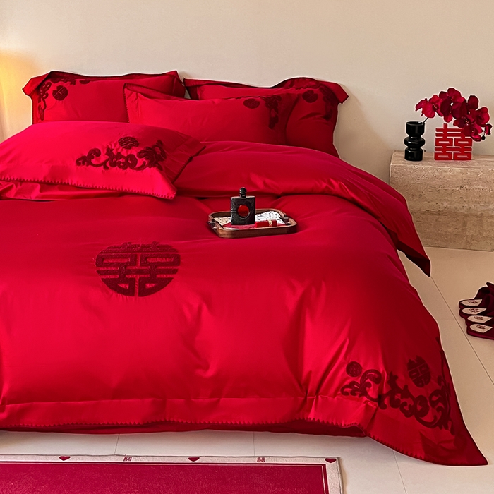 91家纺网 家纺一手货源 找家纺 置顶家纺 2025新款亲肤磨毛刺绣婚庆四件套系列-实拍 囍祥-大红