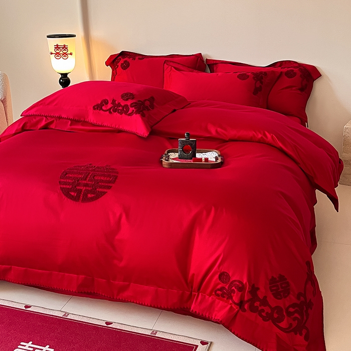 91家纺网 家纺一手货源 找家纺 置顶家纺 2025新款亲肤磨毛刺绣婚庆四件套系列-实拍 囍祥-大红