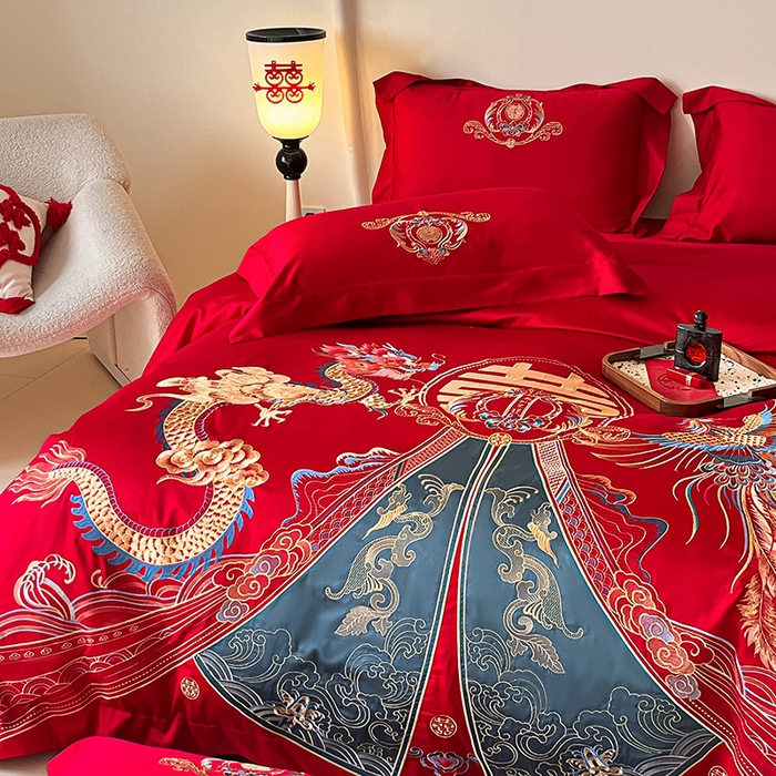 91家纺网 家纺一手货源 找家纺 置顶家纺 2025新款亲肤磨毛刺绣婚庆四件套系列-实拍 祥云瑞彩-大红