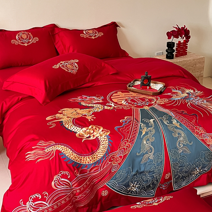 91家纺网 家纺一手货源 找家纺 置顶家纺 2025新款亲肤磨毛刺绣婚庆四件套系列-实拍 祥云瑞彩-大红