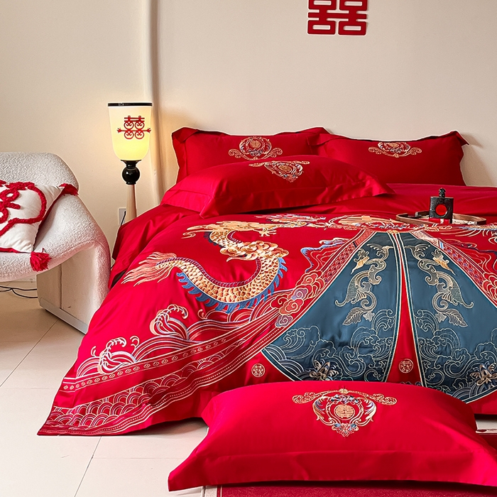 91家纺网 家纺一手货源 找家纺 置顶家纺 2025新款亲肤磨毛刺绣婚庆四件套系列-实拍 祥云瑞彩-大红