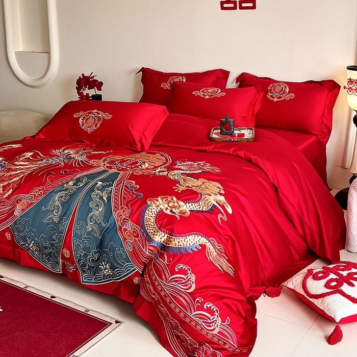 91家纺网 家纺一手货源 找家纺 置顶家纺 2025新款亲肤磨毛刺绣婚庆四件套系列-实拍 祥云瑞彩-大红