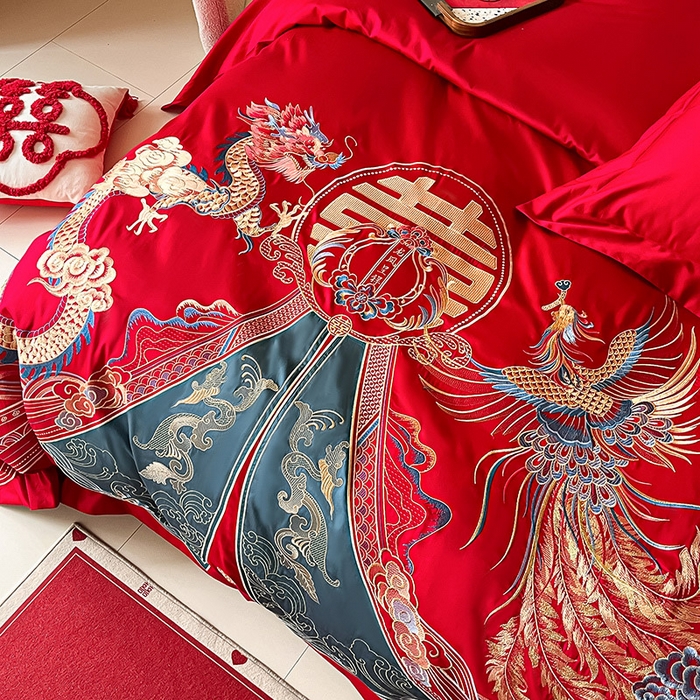 91家纺网 家纺一手货源 找家纺 置顶家纺 2025新款亲肤磨毛刺绣婚庆四件套系列-实拍 祥云瑞彩-大红