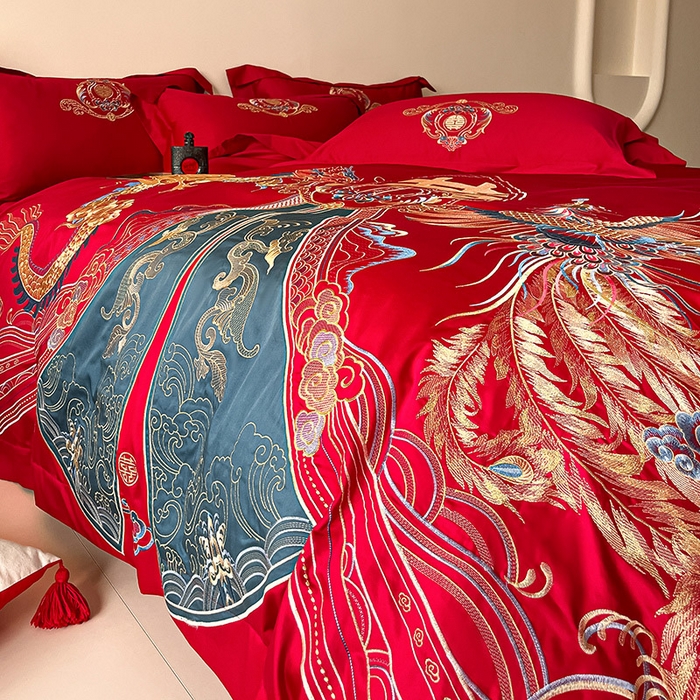 91家纺网 家纺一手货源 找家纺 置顶家纺 2025新款亲肤磨毛刺绣婚庆四件套系列-实拍 祥云瑞彩-大红