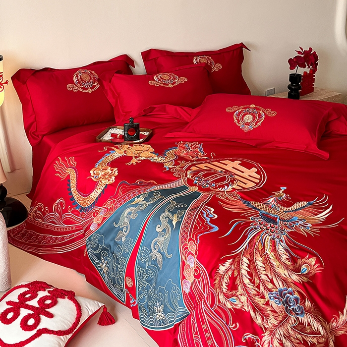 91家纺网 家纺一手货源 找家纺 置顶家纺 2025新款亲肤磨毛刺绣婚庆四件套系列-实拍 祥云瑞彩-大红