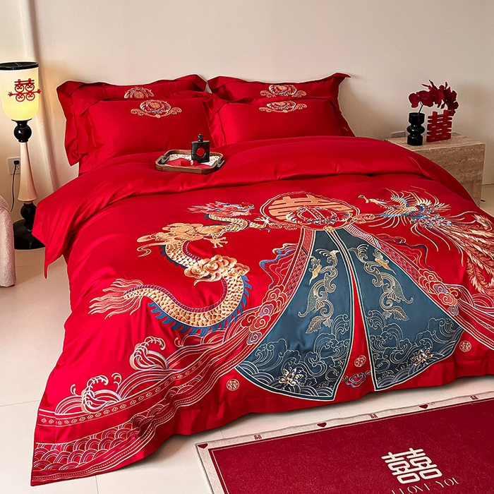 91家纺网 家纺一手货源 找家纺 置顶家纺 2025新款亲肤磨毛刺绣婚庆四件套系列-实拍 祥云瑞彩-大红