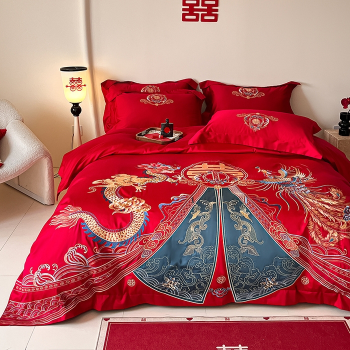 91家纺网 家纺一手货源 找家纺 置顶家纺 2025新款亲肤磨毛刺绣婚庆四件套系列-实拍 祥云瑞彩-大红