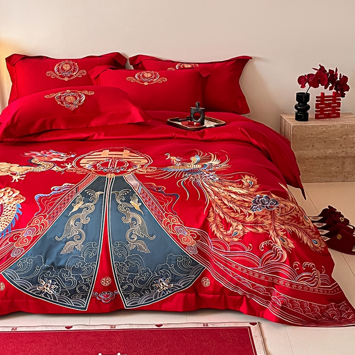 91家纺网 家纺一手货源 找家纺 置顶家纺 2025新款亲肤磨毛刺绣婚庆四件套系列-实拍 祥云瑞彩-大红