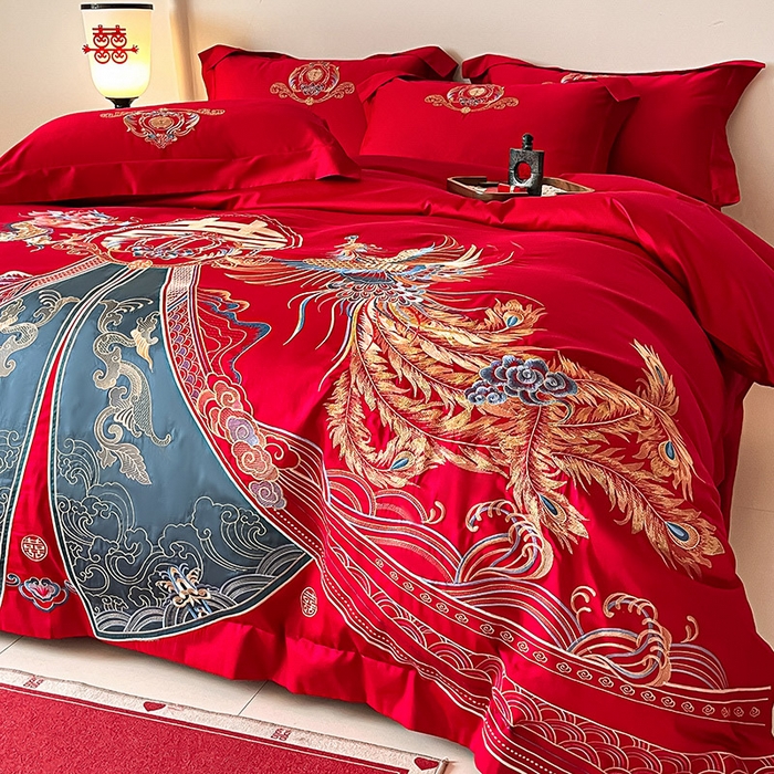 91家纺网 家纺一手货源 找家纺 置顶家纺 2025新款亲肤磨毛刺绣婚庆四件套系列-实拍 祥云瑞彩-大红