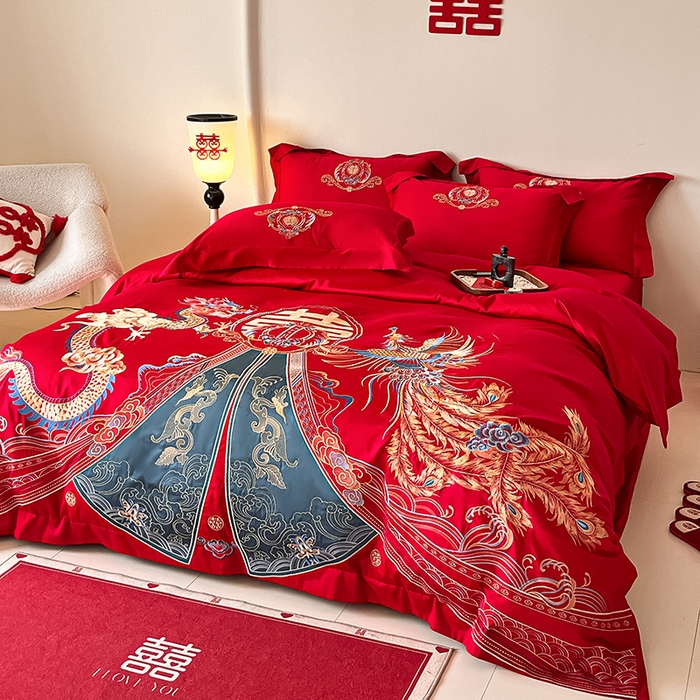 91家纺网 家纺一手货源 找家纺 置顶家纺 2025新款亲肤磨毛刺绣婚庆四件套系列-实拍 祥云瑞彩-大红