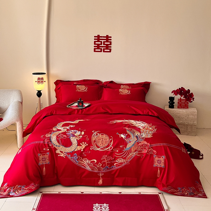 91家纺网 家纺一手货源 找家纺 置顶家纺 2025新款亲肤磨毛刺绣婚庆四件套系列-实拍 至尊龙凤-大红