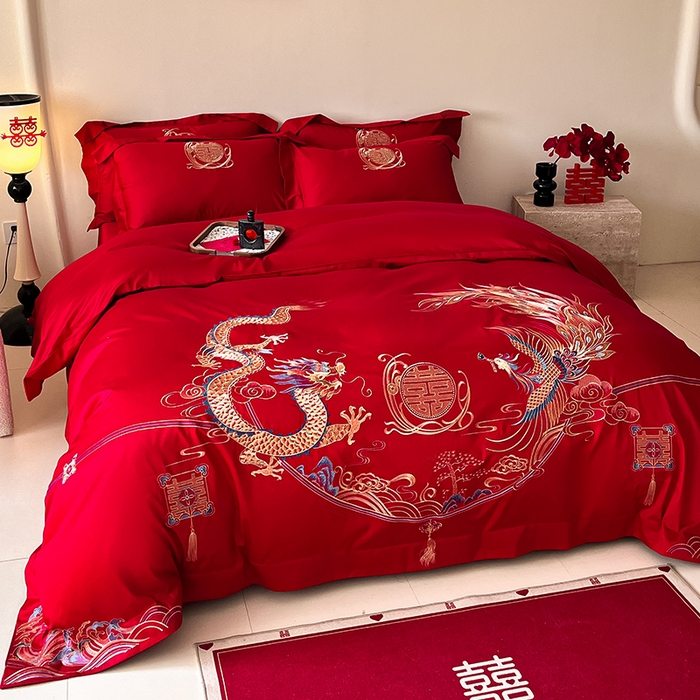 91家纺网 家纺一手货源 找家纺 置顶家纺 2025新款亲肤磨毛刺绣婚庆四件套系列-实拍 至尊龙凤-大红