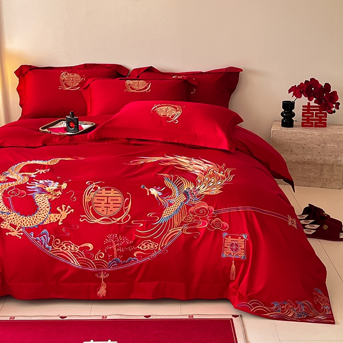 91家纺网 家纺一手货源 找家纺 置顶家纺 2025新款亲肤磨毛刺绣婚庆四件套系列-实拍 至尊龙凤-大红