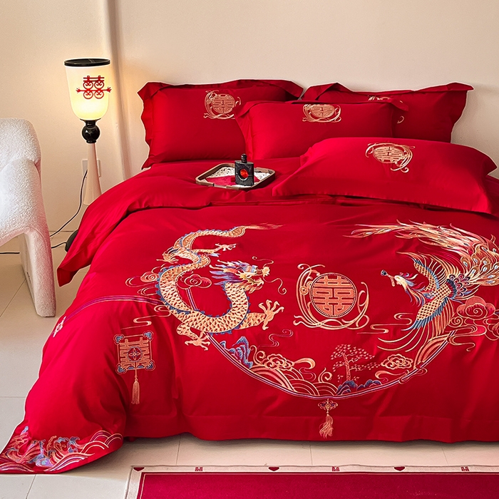 91家纺网 家纺一手货源 找家纺 置顶家纺 2025新款亲肤磨毛刺绣婚庆四件套系列-实拍 至尊龙凤-大红