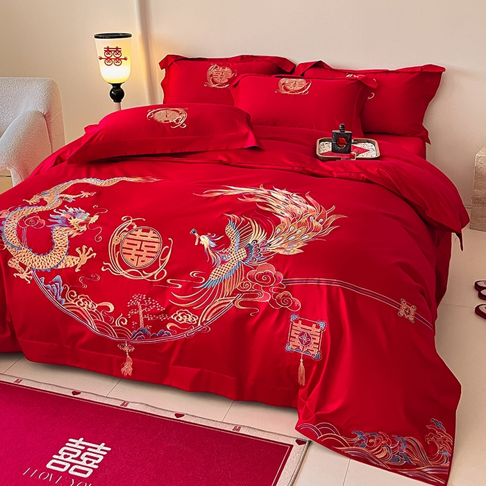 91家纺网 家纺一手货源 找家纺 置顶家纺 2025新款亲肤磨毛刺绣婚庆四件套系列-实拍 至尊龙凤-大红