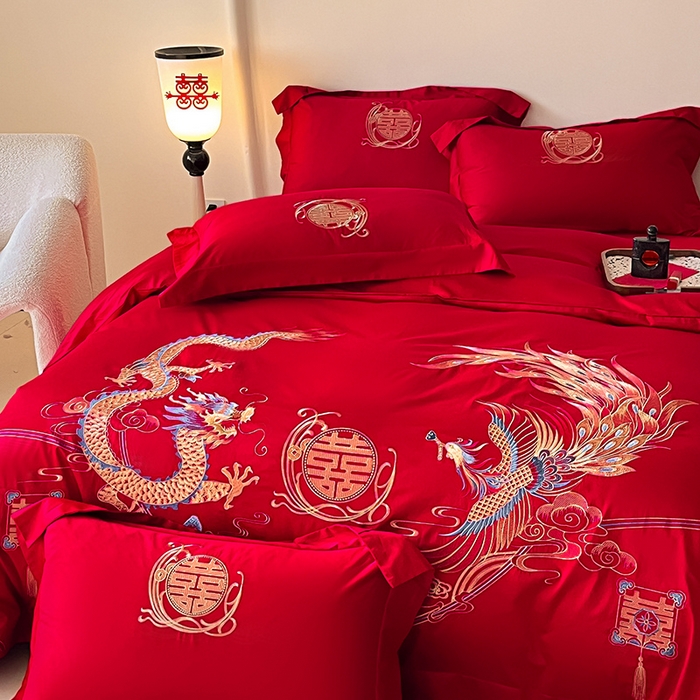 91家纺网 家纺一手货源 找家纺 置顶家纺 2025新款亲肤磨毛刺绣婚庆四件套系列-实拍 至尊龙凤-大红