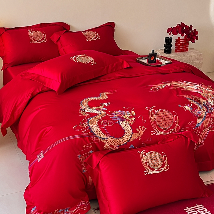 91家纺网 家纺一手货源 找家纺 置顶家纺 2025新款亲肤磨毛刺绣婚庆四件套系列-实拍 至尊龙凤-大红