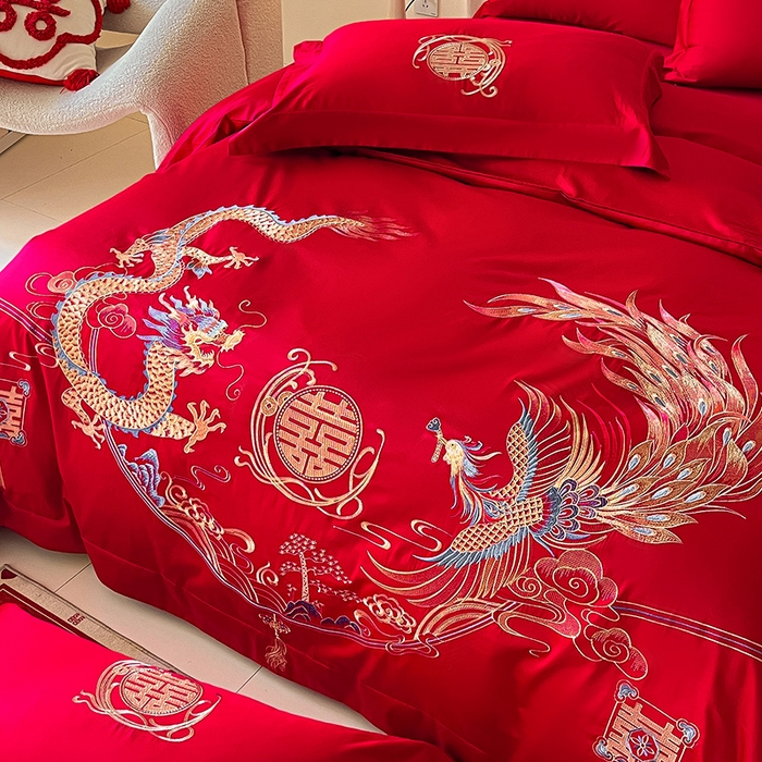 91家纺网 家纺一手货源 找家纺 置顶家纺 2025新款亲肤磨毛刺绣婚庆四件套系列-实拍 至尊龙凤-大红