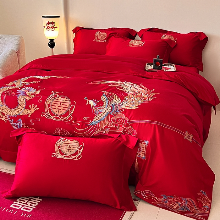 91家纺网 家纺一手货源 找家纺 置顶家纺 2025新款亲肤磨毛刺绣婚庆四件套系列-实拍 至尊龙凤-大红