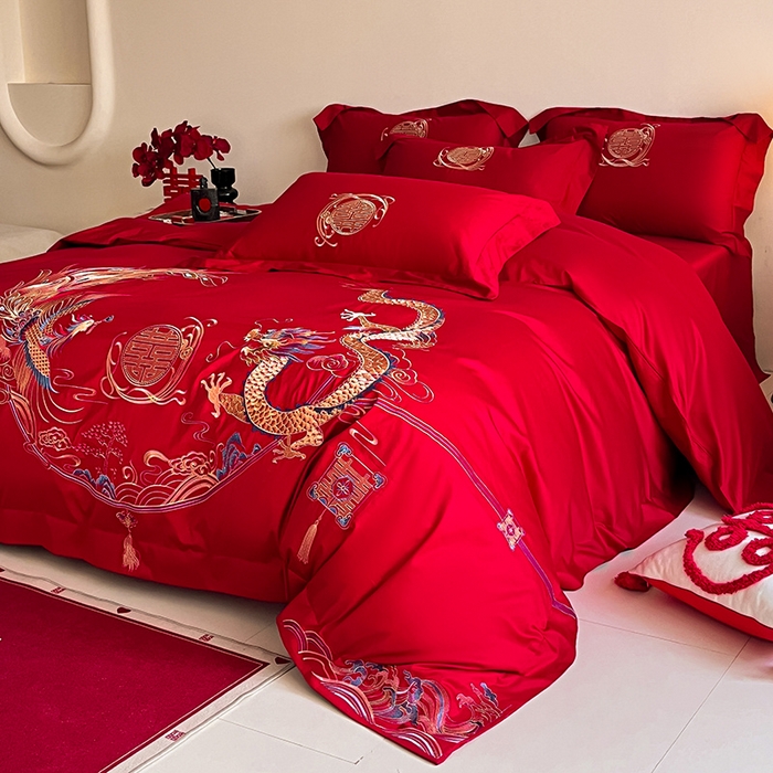 91家纺网 家纺一手货源 找家纺 置顶家纺 2025新款亲肤磨毛刺绣婚庆四件套系列-实拍 至尊龙凤-大红