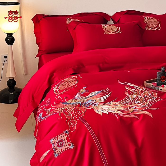 91家纺网 家纺一手货源 找家纺 置顶家纺 2025新款亲肤磨毛刺绣婚庆四件套系列-实拍 至尊龙凤-大红