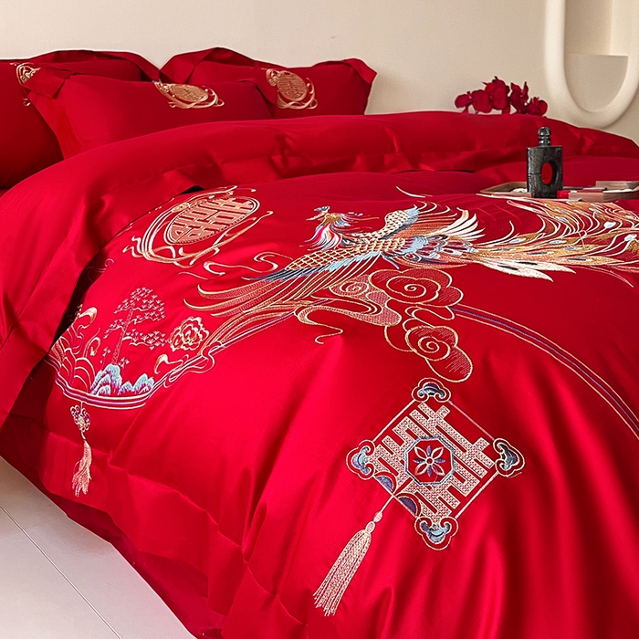 91家纺网 家纺一手货源 找家纺 置顶家纺 2025新款亲肤磨毛刺绣婚庆四件套系列-实拍 至尊龙凤-大红