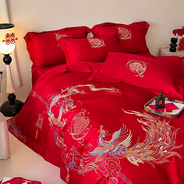 91家纺网 家纺一手货源 找家纺 置顶家纺 2025新款亲肤磨毛刺绣婚庆四件套系列-实拍 至尊龙凤-大红