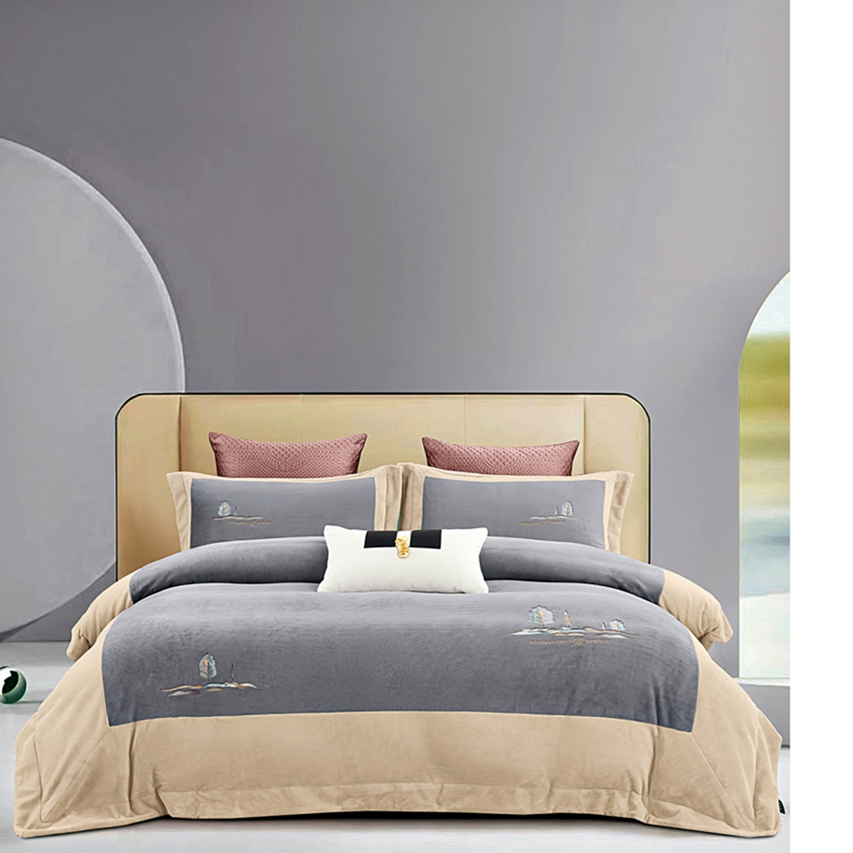 91家纺网 家纺一手货源 找家纺 芯丝路枕业 2025新款爱丁堡蚕丝绒四件套 爱丁堡-高级灰