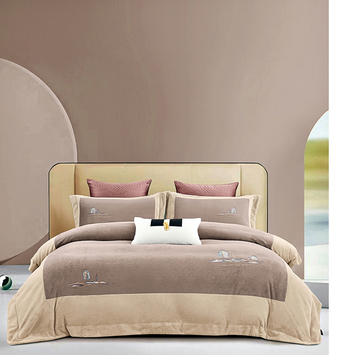 91家纺网 家纺一手货源 找家纺 芯丝路枕业 2025新款爱丁堡蚕丝绒四件套 爱丁堡-可可棕