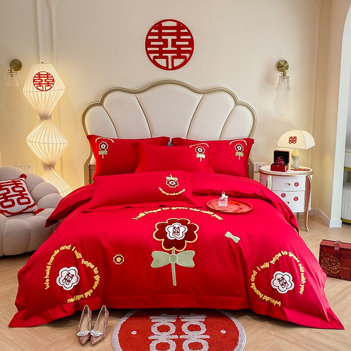 91家纺网 家纺一手货源 找家纺 置顶家纺 2025新款亲肤磨毛刺绣婚庆四件套系列-棚拍 合美-大红