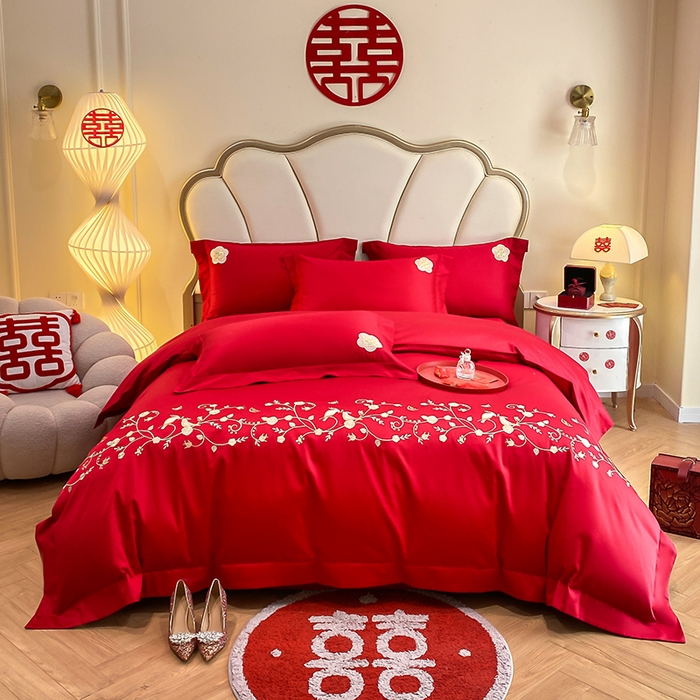 91家纺网 家纺一手货源 找家纺 置顶家纺 2025新款亲肤磨毛刺绣婚庆四件套系列-棚拍 金玉满堂-大红