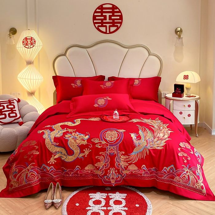 91家纺网 家纺一手货源 找家纺 置顶家纺 2025新款亲肤磨毛刺绣婚庆四件套系列-棚拍 龙凤大囍-大红