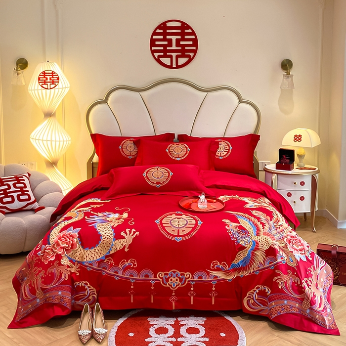 91家纺网 家纺一手货源 找家纺 置顶家纺 2025新款亲肤磨毛刺绣婚庆四件套系列-棚拍 龙腾凤跃-大红