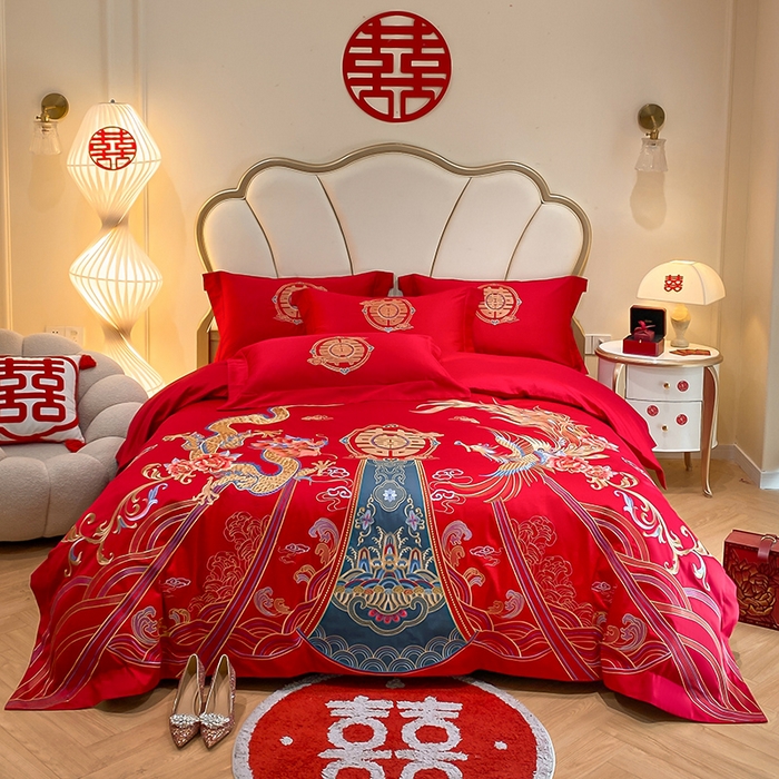 91家纺网 家纺一手货源 找家纺 置顶家纺 2025新款亲肤磨毛刺绣婚庆四件套系列-棚拍 盛世龙凤-大红