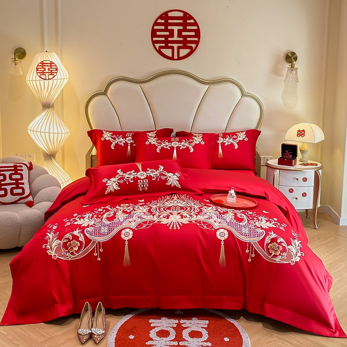 91家纺网 家纺一手货源 找家纺 置顶家纺 2025新款亲肤磨毛刺绣婚庆四件套系列-棚拍 天作之合-大红