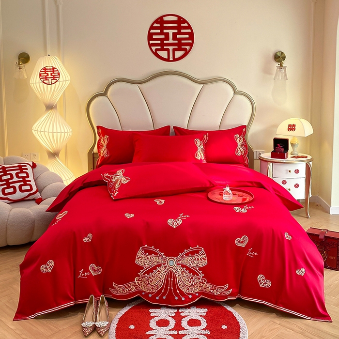 91家纺网 家纺一手货源 找家纺 置顶家纺 2025新款亲肤磨毛刺绣婚庆四件套系列-棚拍 唯一-大红