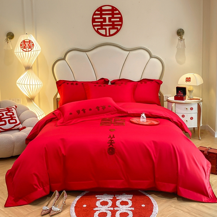 91家纺网 家纺一手货源 找家纺 置顶家纺 2025新款亲肤磨毛刺绣婚庆四件套系列-棚拍 喜从天降-大红