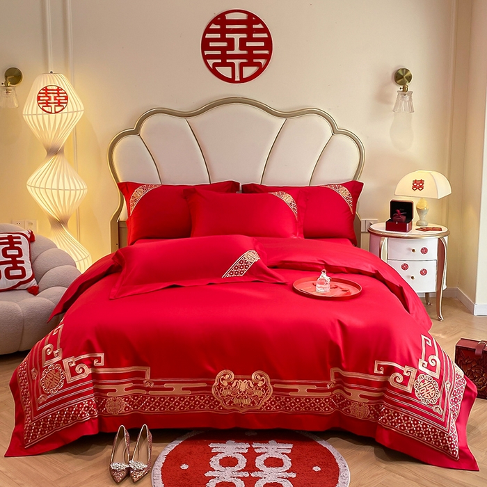 91家纺网 家纺一手货源 找家纺 置顶家纺 2025新款亲肤磨毛刺绣婚庆四件套系列-棚拍 喜结良缘-大红