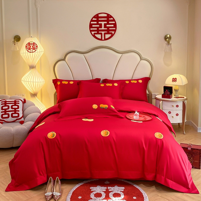 91家纺网 家纺一手货源 找家纺 置顶家纺 2025新款亲肤磨毛刺绣婚庆四件套系列-棚拍 喜事连连-大红