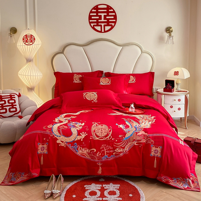 91家纺网 家纺一手货源 找家纺 置顶家纺 2025新款亲肤磨毛刺绣婚庆四件套系列-棚拍 至尊龙凤-大红