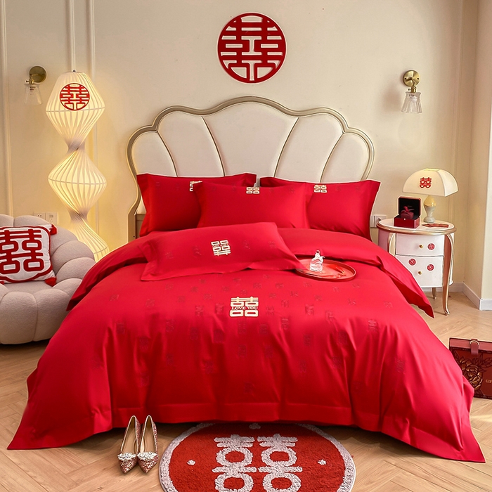 91家纺网 家纺一手货源 找家纺 置顶家纺 2025新款亲肤磨毛刺绣婚庆四件套系列-棚拍 百喜图-大红