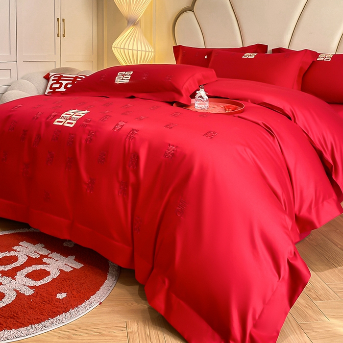 91家纺网 家纺一手货源 找家纺 置顶家纺 2025新款亲肤磨毛刺绣婚庆四件套系列-棚拍 百喜图-大红