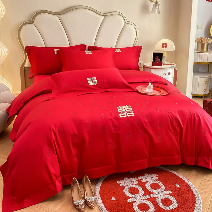 91家纺网 家纺一手货源 找家纺 置顶家纺 2025新款亲肤磨毛刺绣婚庆四件套系列-棚拍 百喜图-大红