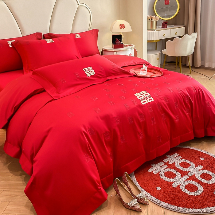 91家纺网 家纺一手货源 找家纺 置顶家纺 2025新款亲肤磨毛刺绣婚庆四件套系列-棚拍 百喜图-大红