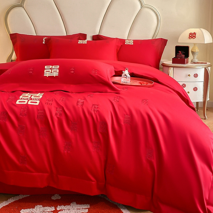 91家纺网 家纺一手货源 找家纺 置顶家纺 2025新款亲肤磨毛刺绣婚庆四件套系列-棚拍 百喜图-大红