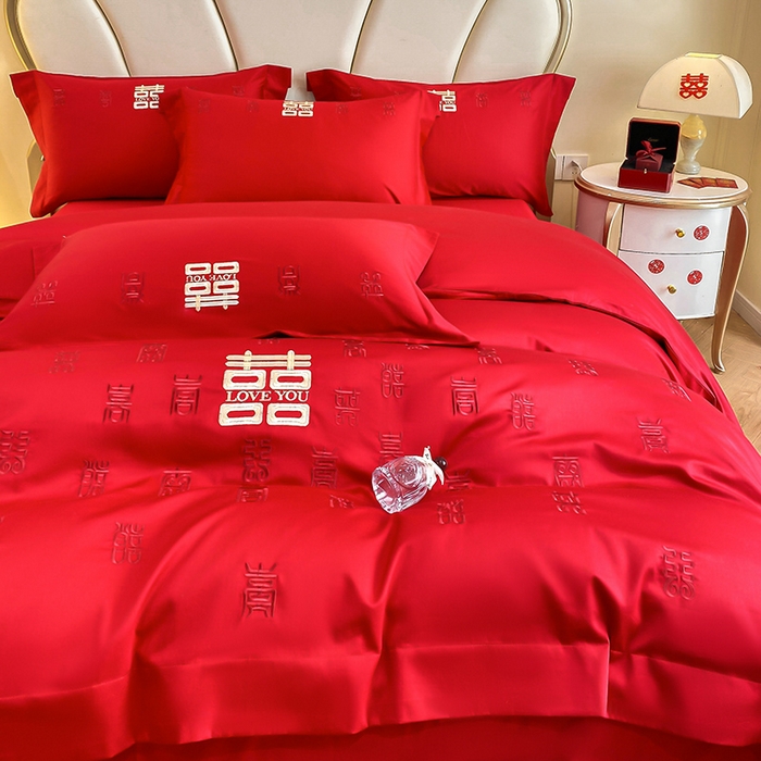 91家纺网 家纺一手货源 找家纺 置顶家纺 2025新款亲肤磨毛刺绣婚庆四件套系列-棚拍 百喜图-大红